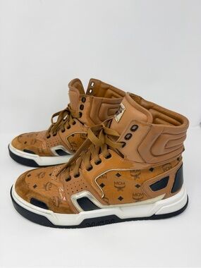 MCM Tan Cognac Visetos Logo High-Top Sneakers